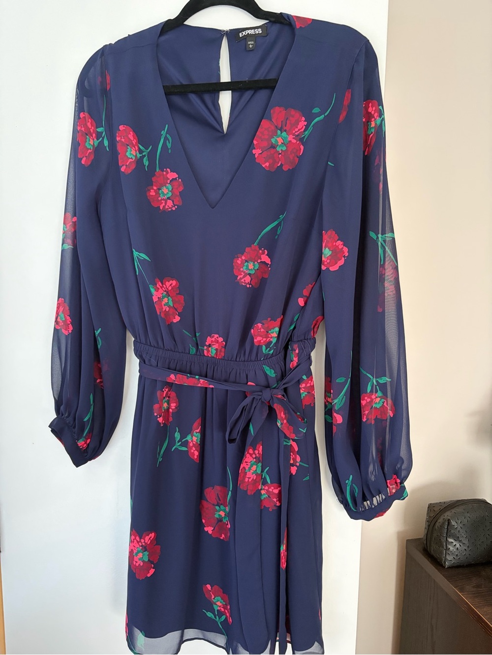 Express Navy Dress with Red Floral Print, Long Sleeves